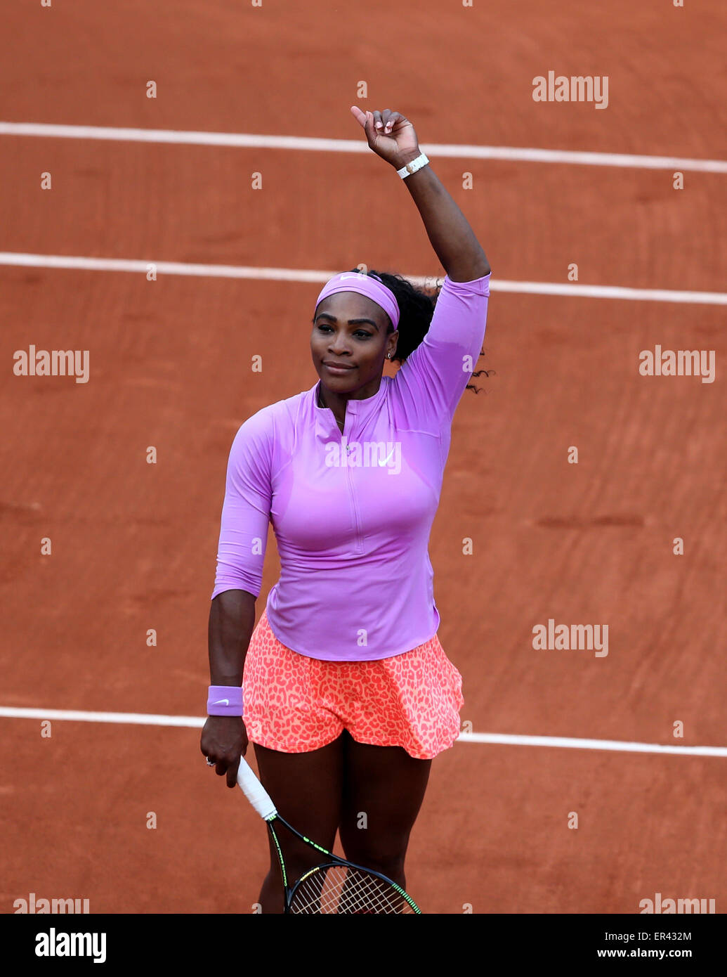 Paris, France. 26th May, 2015. Serena Williams of the United States reacts after the women's singles first round match against Andrea Hlavackova of the Czech Republic at 2015 French Open tennis tournament at Roland Garros, in Paris, France on May 26, 2015. Serena Williams won 2-0. Credit:  Han Yan/Xinhua/Alamy Live News Stock Photo
