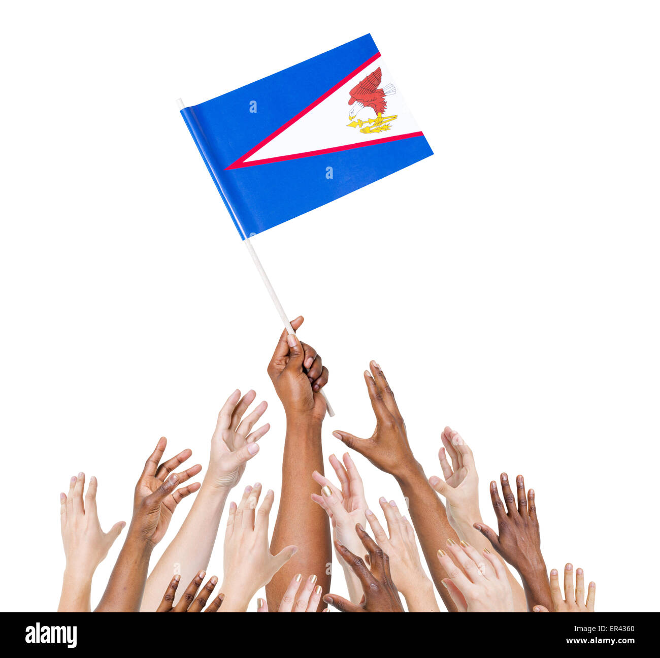 Human hand holding American Samoa flag among multi-ethnic group of people's hand Stock Photo