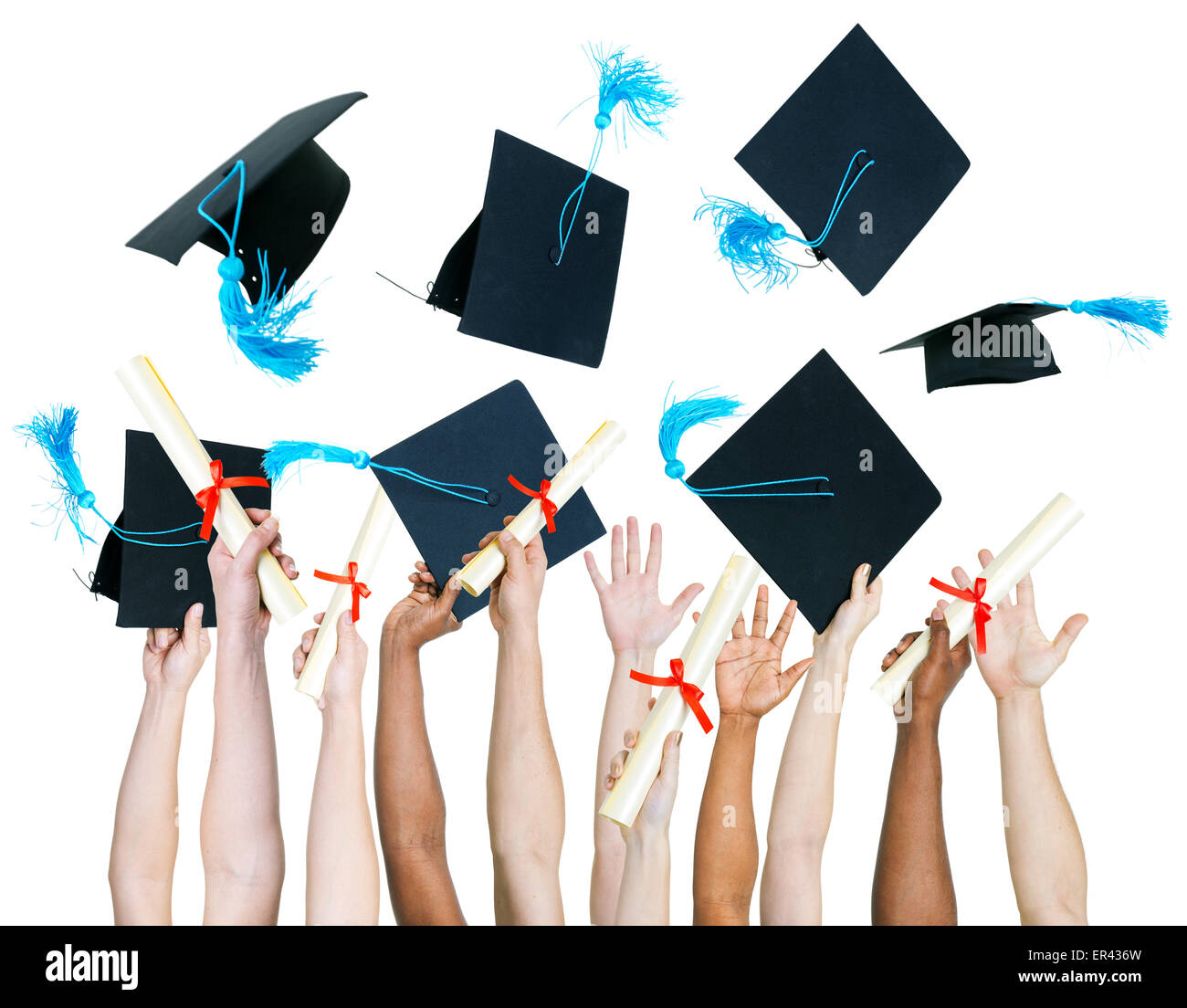 Multi-ethnic group of people holding certificate and throwing graduation cap. Stock Photo