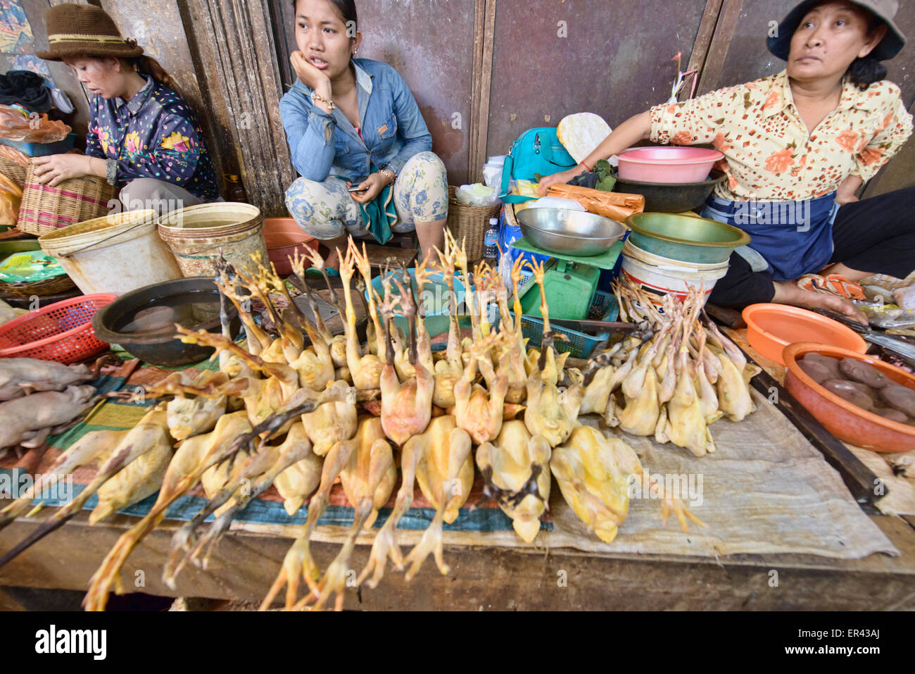 Chicken vendors in the Psar Cha Old Market in Siem Reap, Cambodia Stock