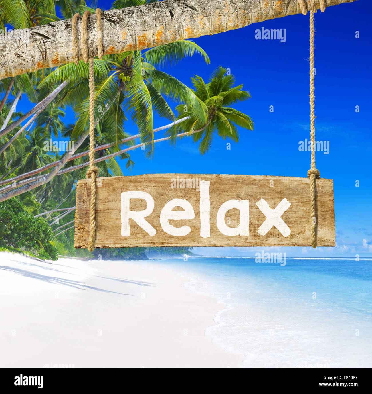Paradise beach display with wood board Stock Photo Alamy