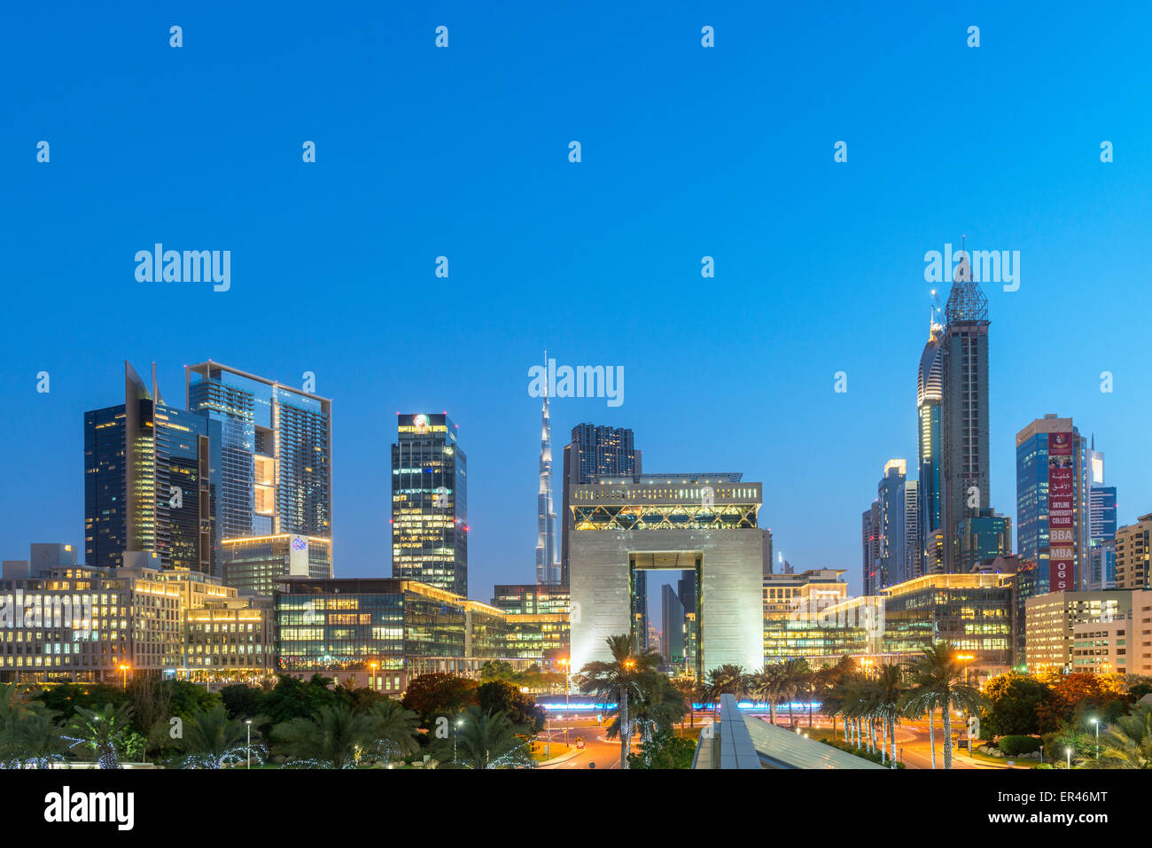 Evening view of DIFC and financial and business district of Dubai United Arab Emirates Stock Photo