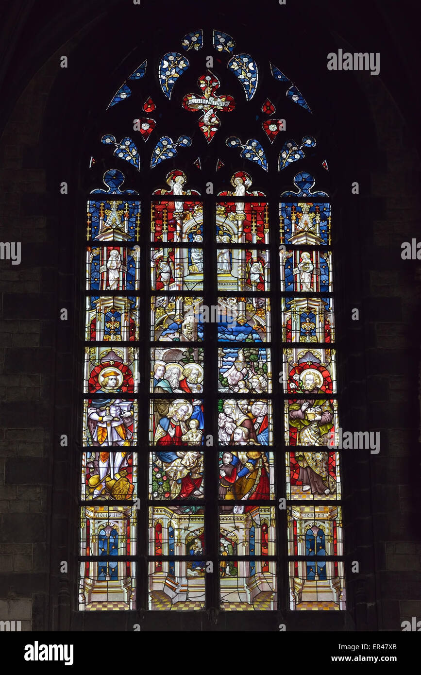 Cathedral window in Collegiate church Saint Waudru in Mons, Belgium Stock Photo