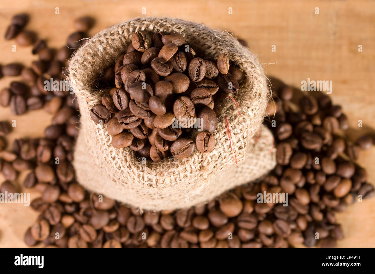 bag of coffee on wooden background Stock Photo