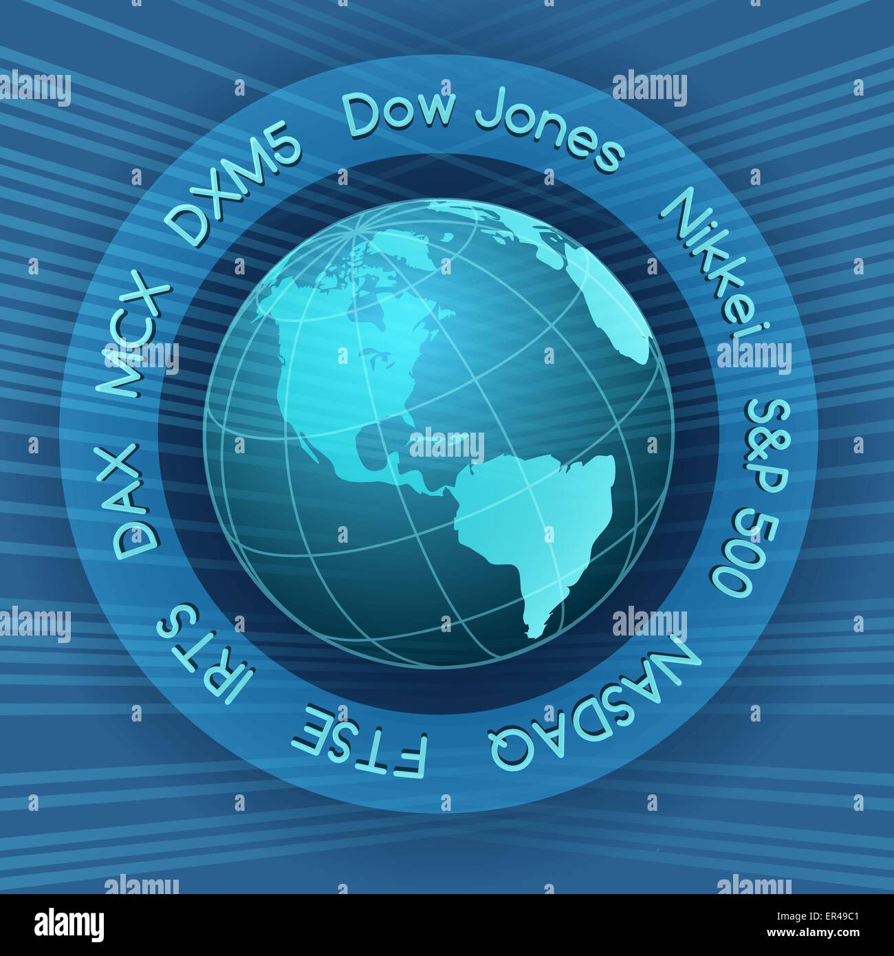 Globe in the ring of main financial and economy indexes. Only free font used. Stock Vector