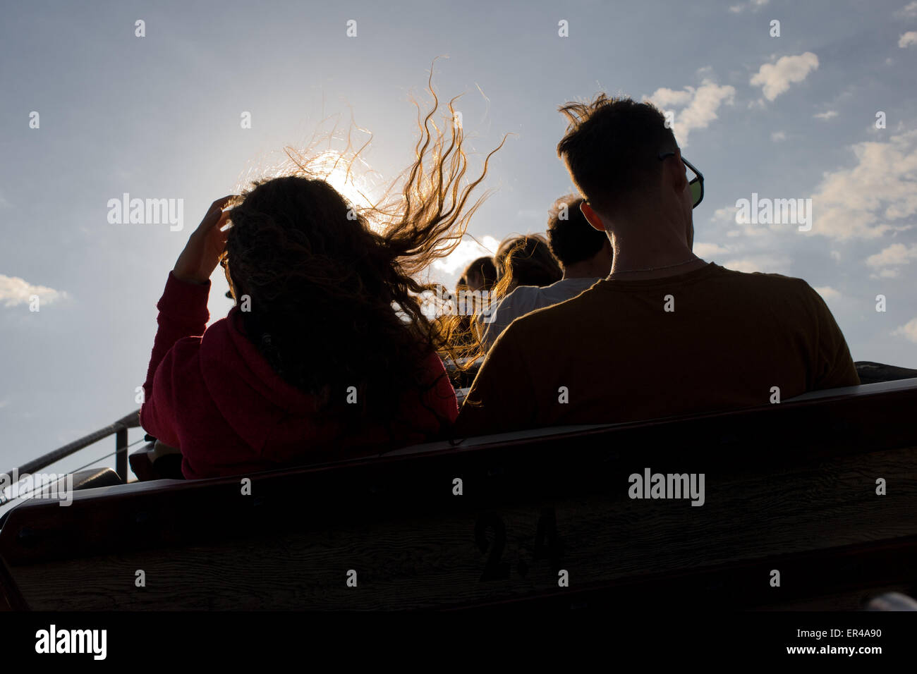 In an amusement park a woman's hair flies in the air as the wooden roller coaster goes to the first fall. Stock Photo