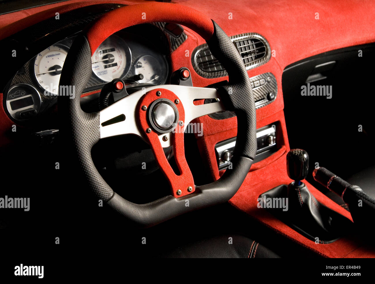 Tuned sport car. Luxury red velvet interior Stock Photo