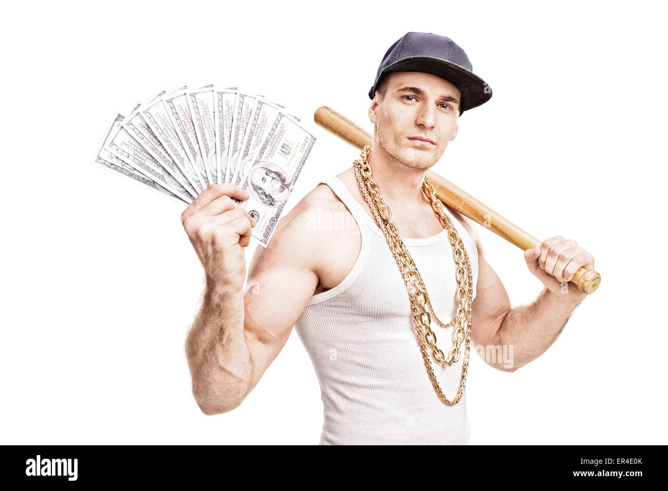 Thug with gold chain around his neck holding a baseball bat and a stack of money isolated on white background Stock Photo