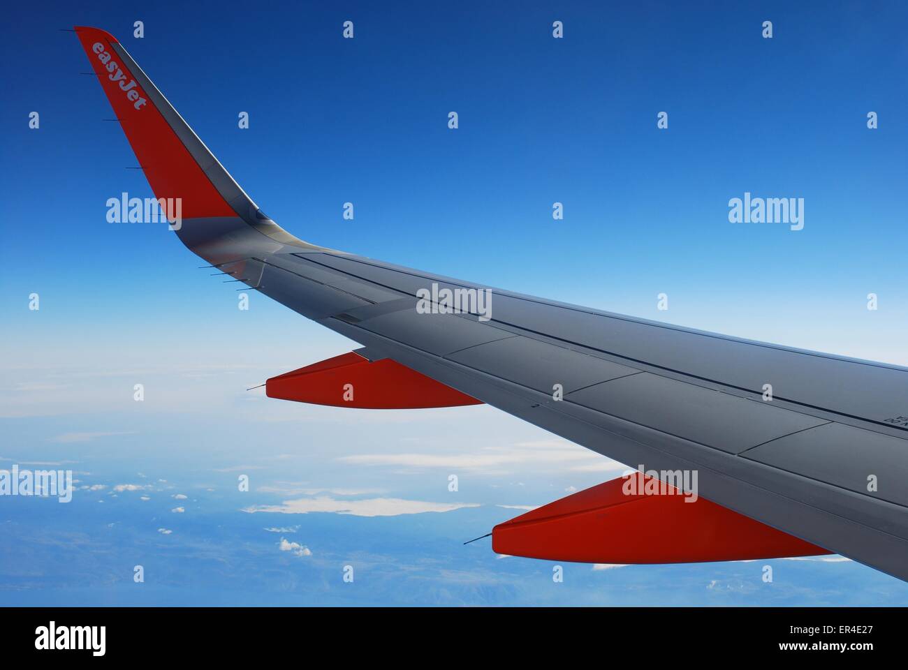 Easyjet aircraft wing in flight Stock Photo