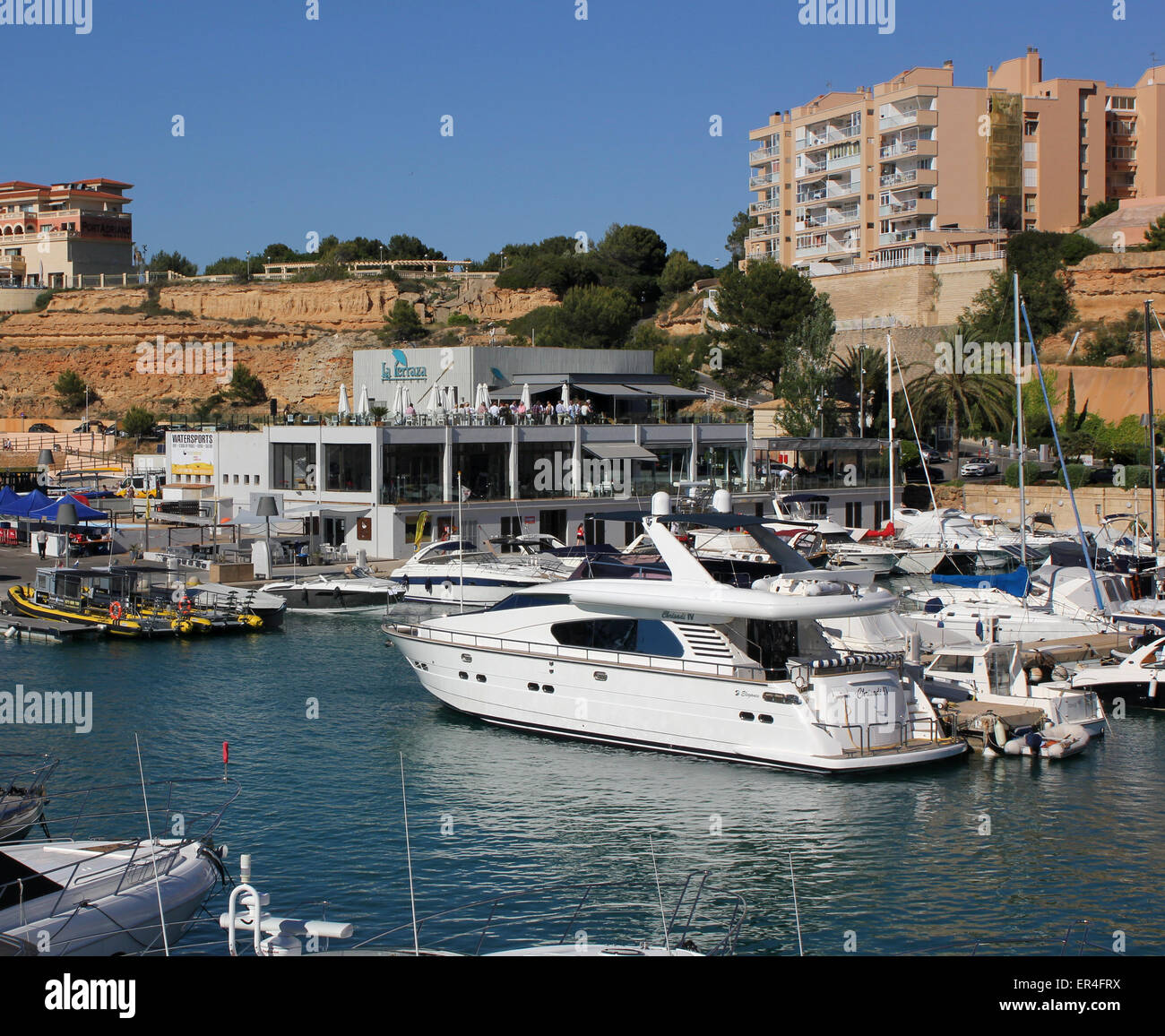 La Terraza restaurant + boats - during "Best of Yachting - Port Adriano  2015" - Port Adriano Marina, Calvia, South West Mallorca Stock Photo - Alamy