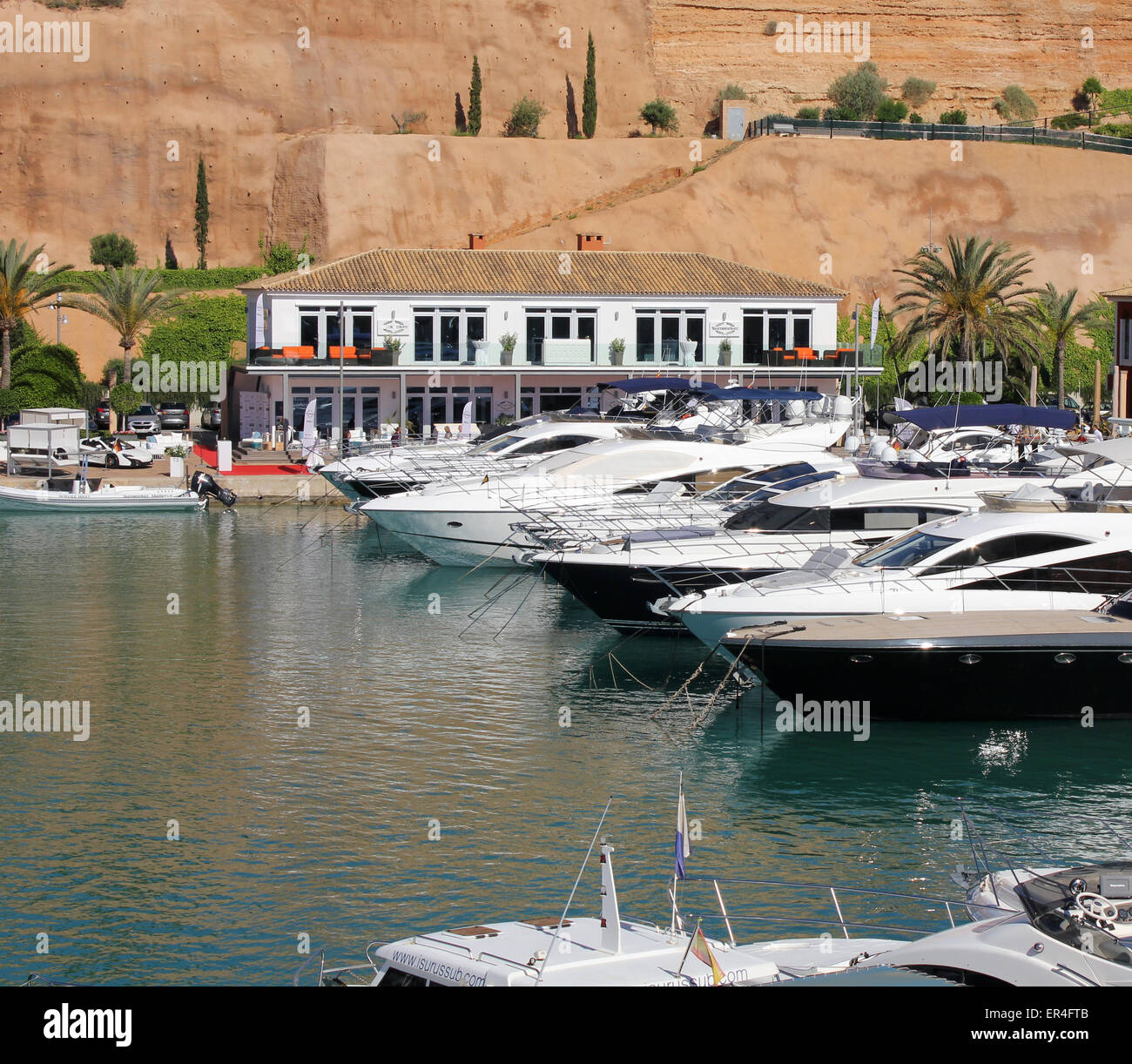 Boats + Sunseeker Office - during 'Best of Yachting - Port Adriano 2015' - Port Adriano Marina, Calvia, South West Mallorca / Ma Stock Photo