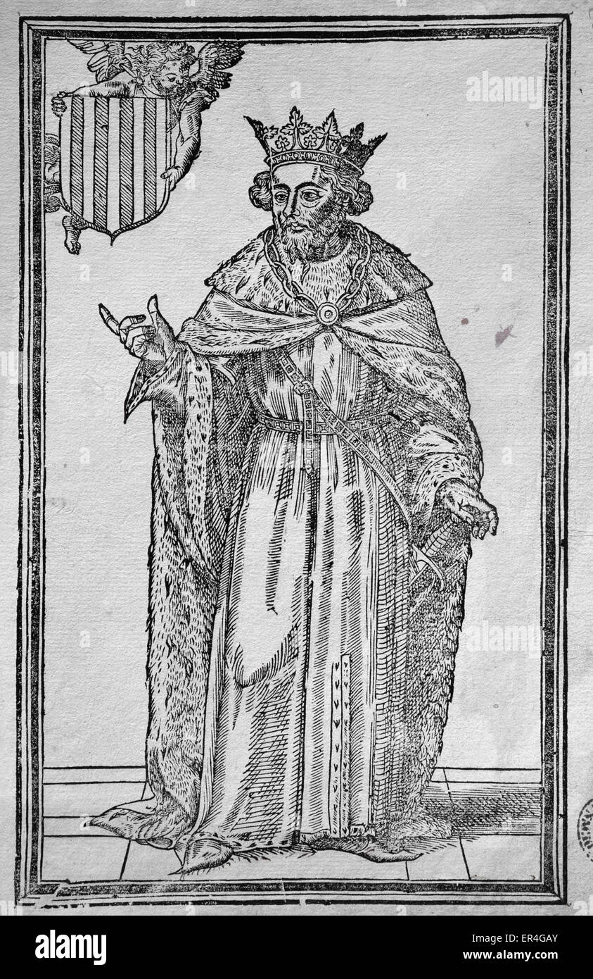 James I The Conqueror (1208-1276). King of Aragon, Valencia and Majorca. Engraving of the first edition of the Chronicle printed by Joan de Mey in Valencia, 1557. Stock Photo