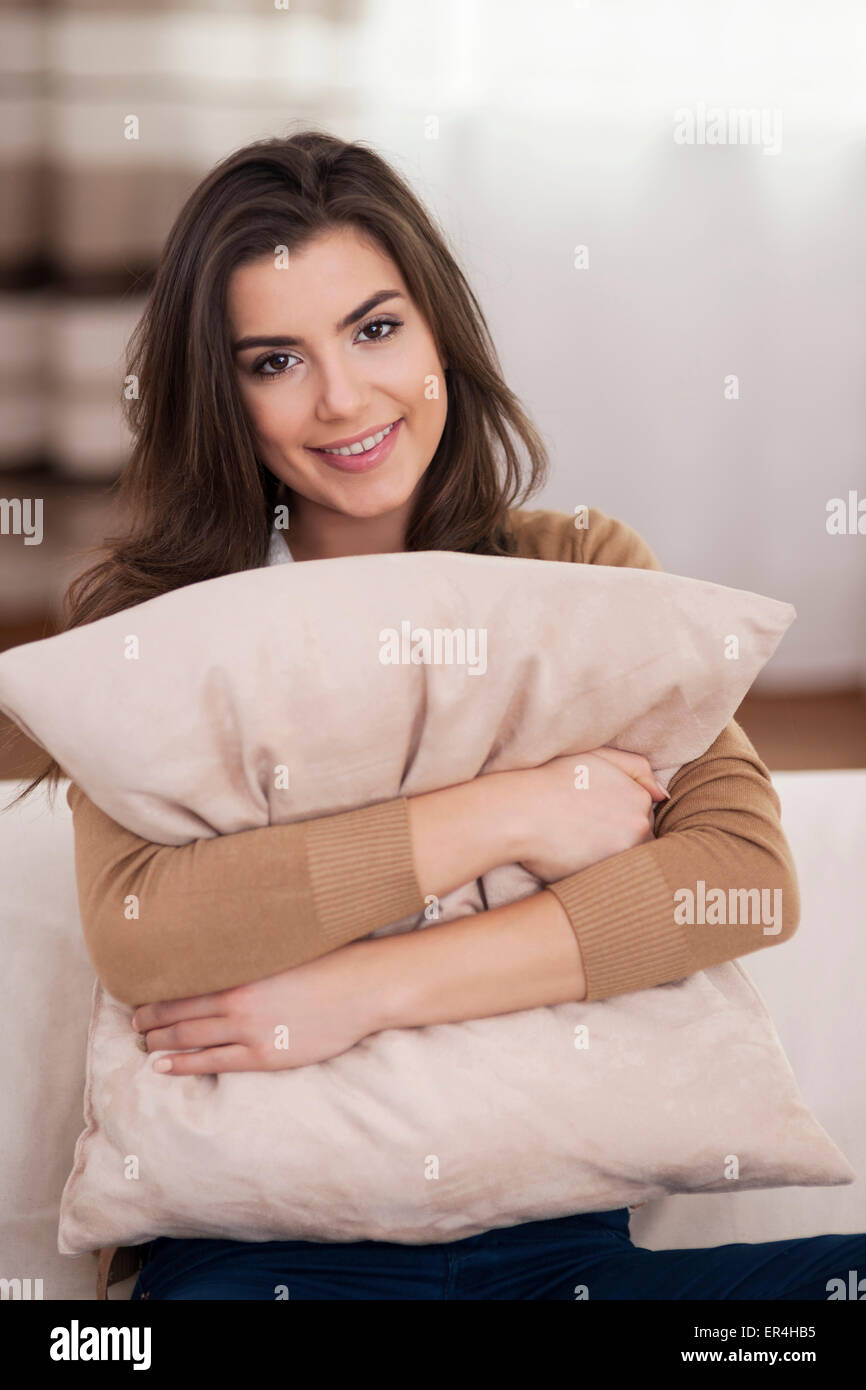 Beautiful Woman Hugging A Soft Pillow Stock Photo Alamy