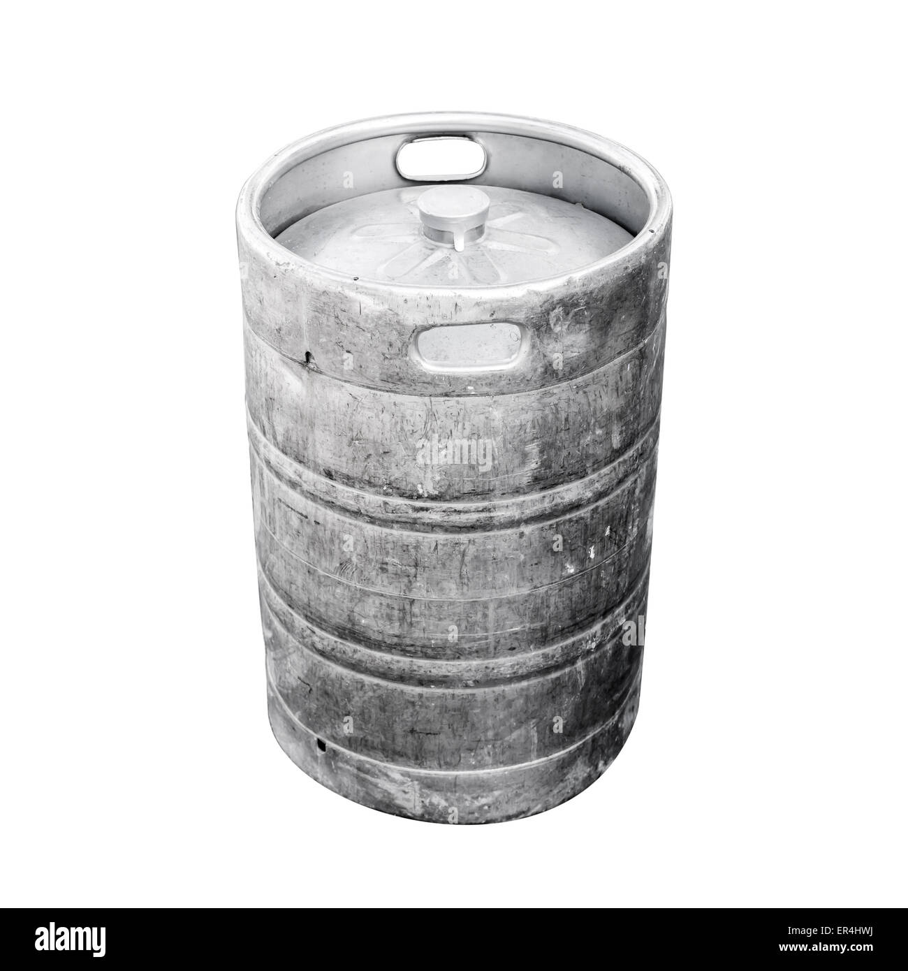 Used aluminum keg, a small barrel commonly used to store, transport, and serve beer. Closeup photo isolated on white Stock Photo