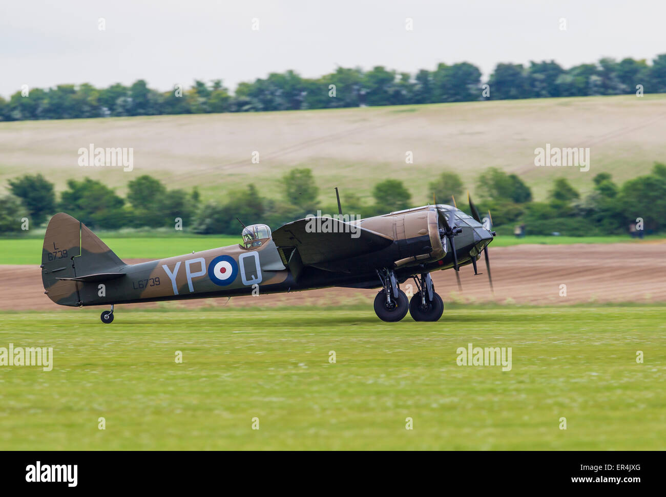 Bristol Blenheim Mk1 Aircraft taking off. Duxford VE 70th Anniversary show. Stock Photo