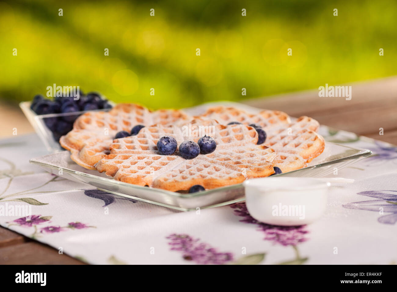 Belgian waffles taste the best with blueberry. Debica, Poland Stock