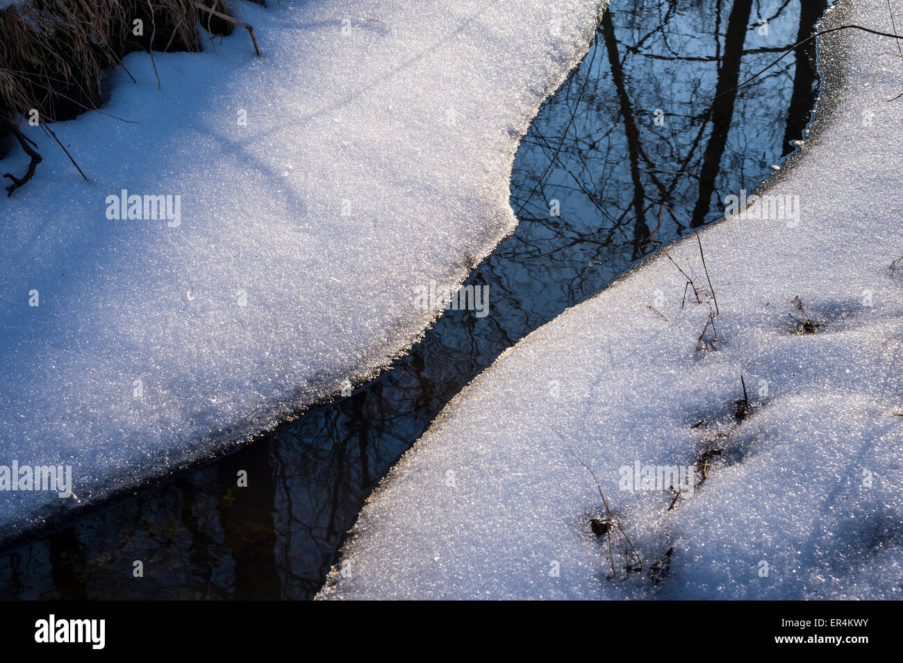 Partially Frozen Stream With Snow & Reflection Stock Photo