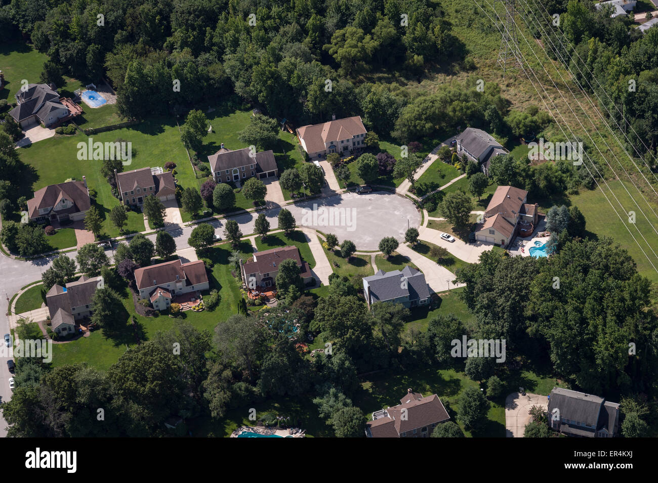 Aerial View Of Residential Houses In Suburban Cul De Sac Neighborhood, New Jersey, USA Stock Photo