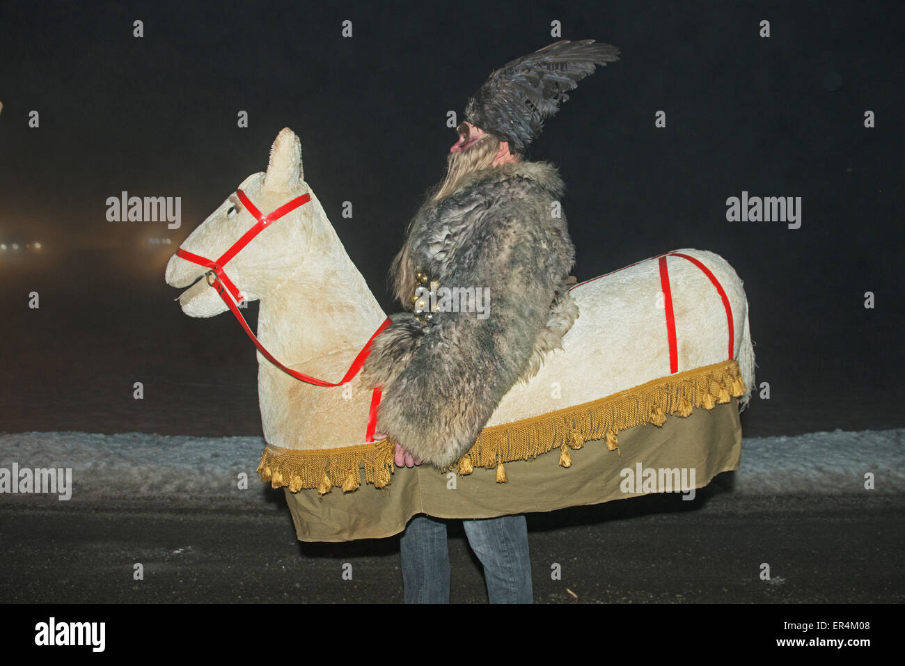 Figur des Schimmelreiters beim Mitterndorfer Nikolospiel, Salzkammergut, Steiermark, Austria Stock Photo