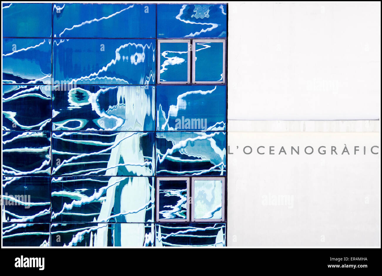 The Oceanografic building in Valencia's Arts and Sciences complex, reflecting its remarkable architectural surroundings Stock Photo