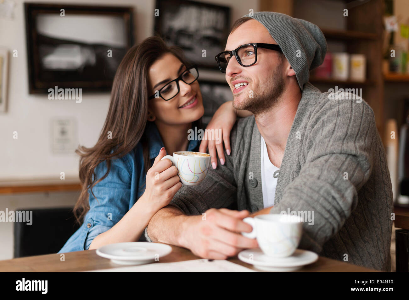 Happy man and woman in cafe. Krakow, Poland Stock Photo