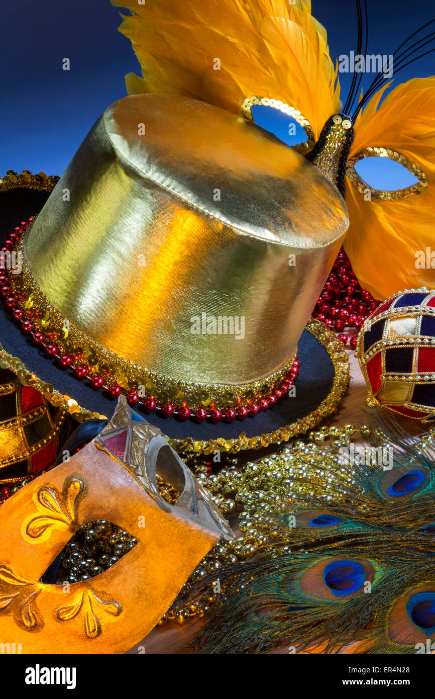New Orleans Mardi Gras - Hat, masks and beads Stock Photo