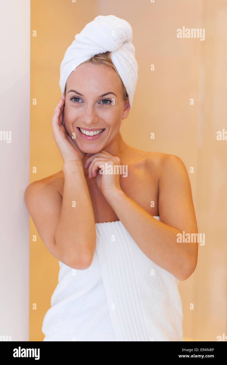 Portrait of fresh woman after the shower. Debica, Poland Stock Photo