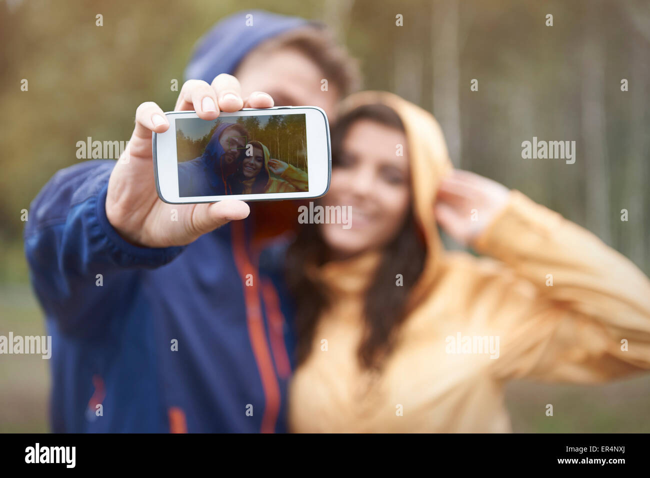 Selfie with my girlfriend in rainy day. Debica, Poland Stock Photo