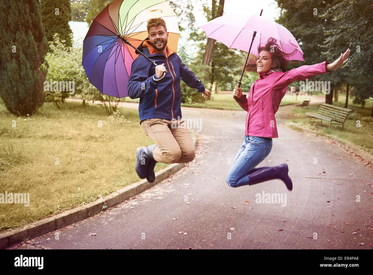 In the rain we feel like a children. Debica, Poland Stock Photo