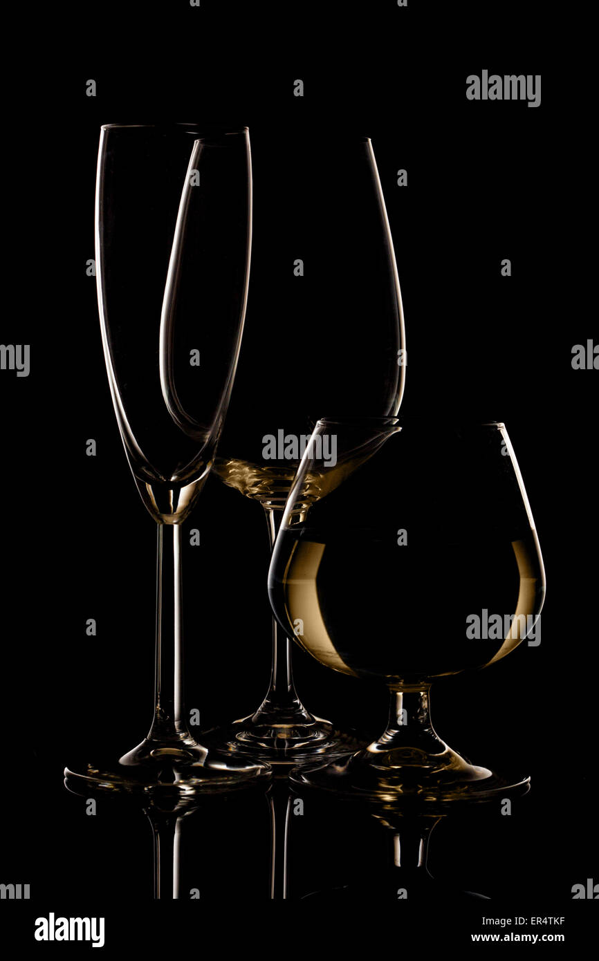 Champagne wine and whiskey glasses on dark background Stock Photo Alamy