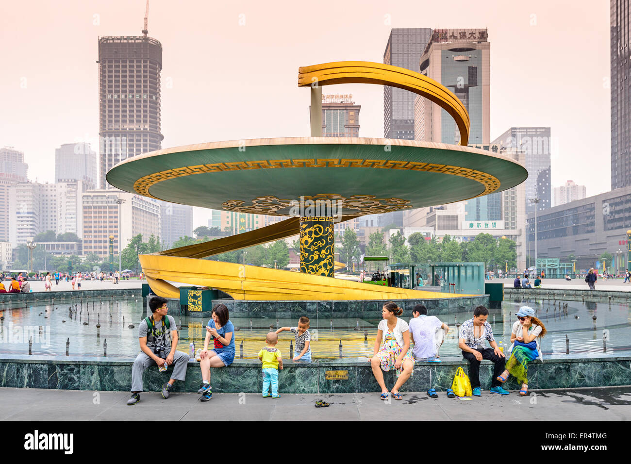 Crowds enjoy Tianfu Square in Chengdu. Stock Photo