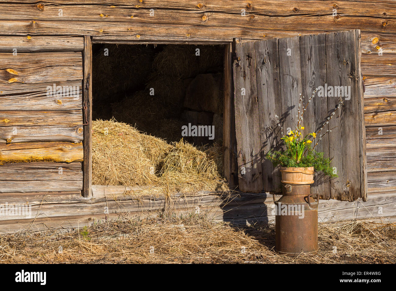 Easter still life in front of old wooden barn Stock Photo