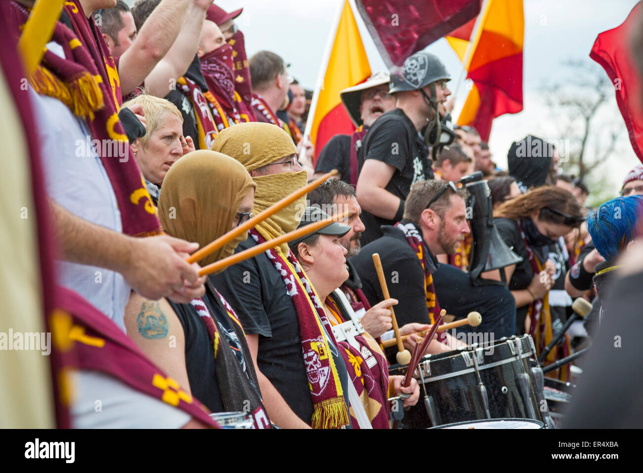 Detroit, Michigan - Soccer fans cheer their team, Detroit City FC, in a match against Muskegon Risers. Stock Photo