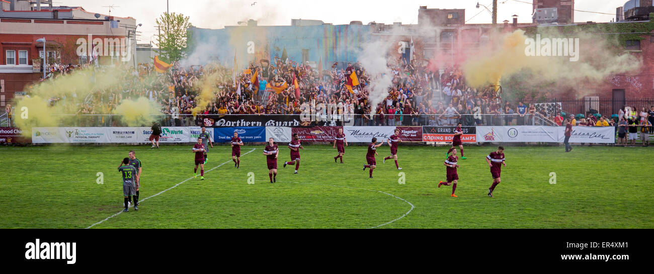 Detroit, Michigan - Soccer fans set off smoke bombs after their team, Detroit City FC, scored in a match against Muskegon Risers Stock Photo