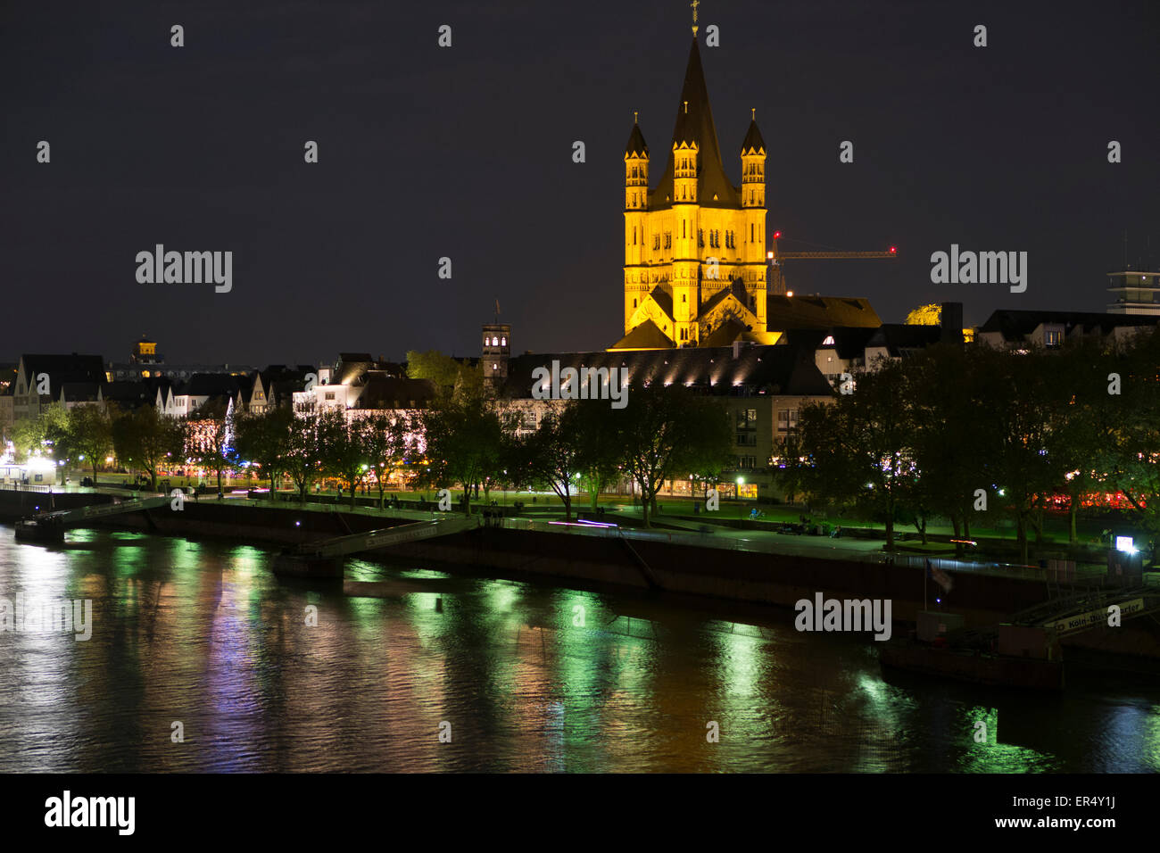 Cologne Rhine night river reflection rail Germany nightscape Stock Photo