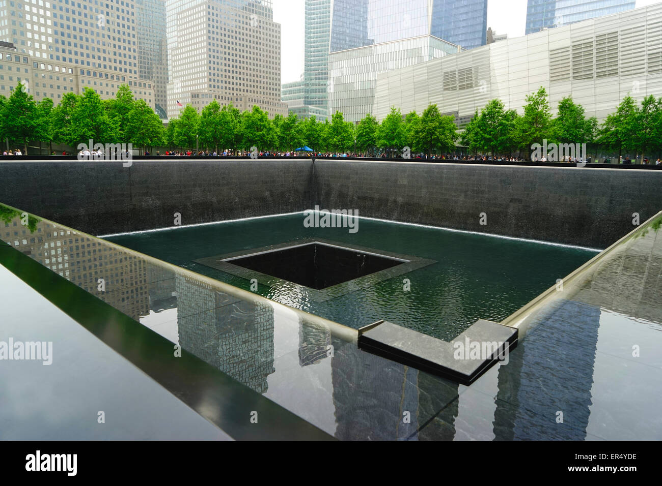 9/11 memorial fountain in New York commemorating the loss of the two world trade center towers and thousands of victims. Stock Photo