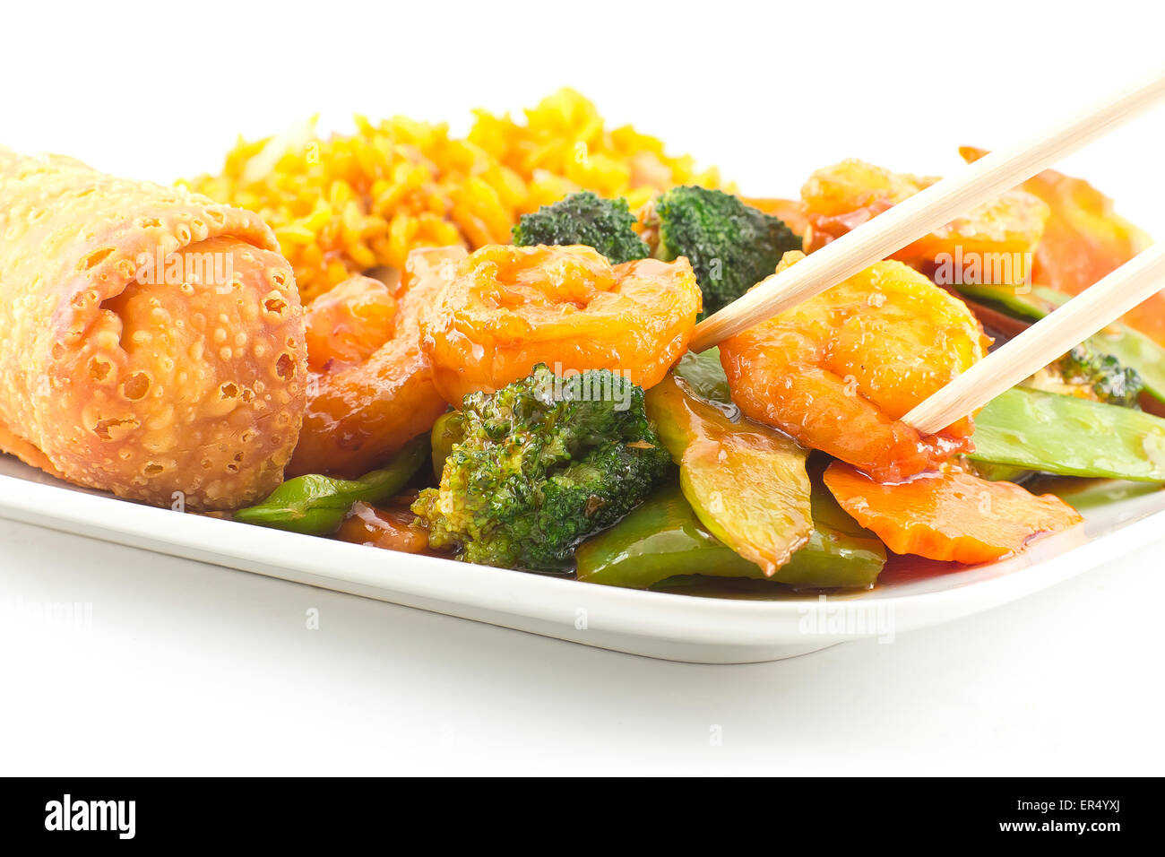 Szechuan fried Shrimp with Chinese Vegetables served with pork fried