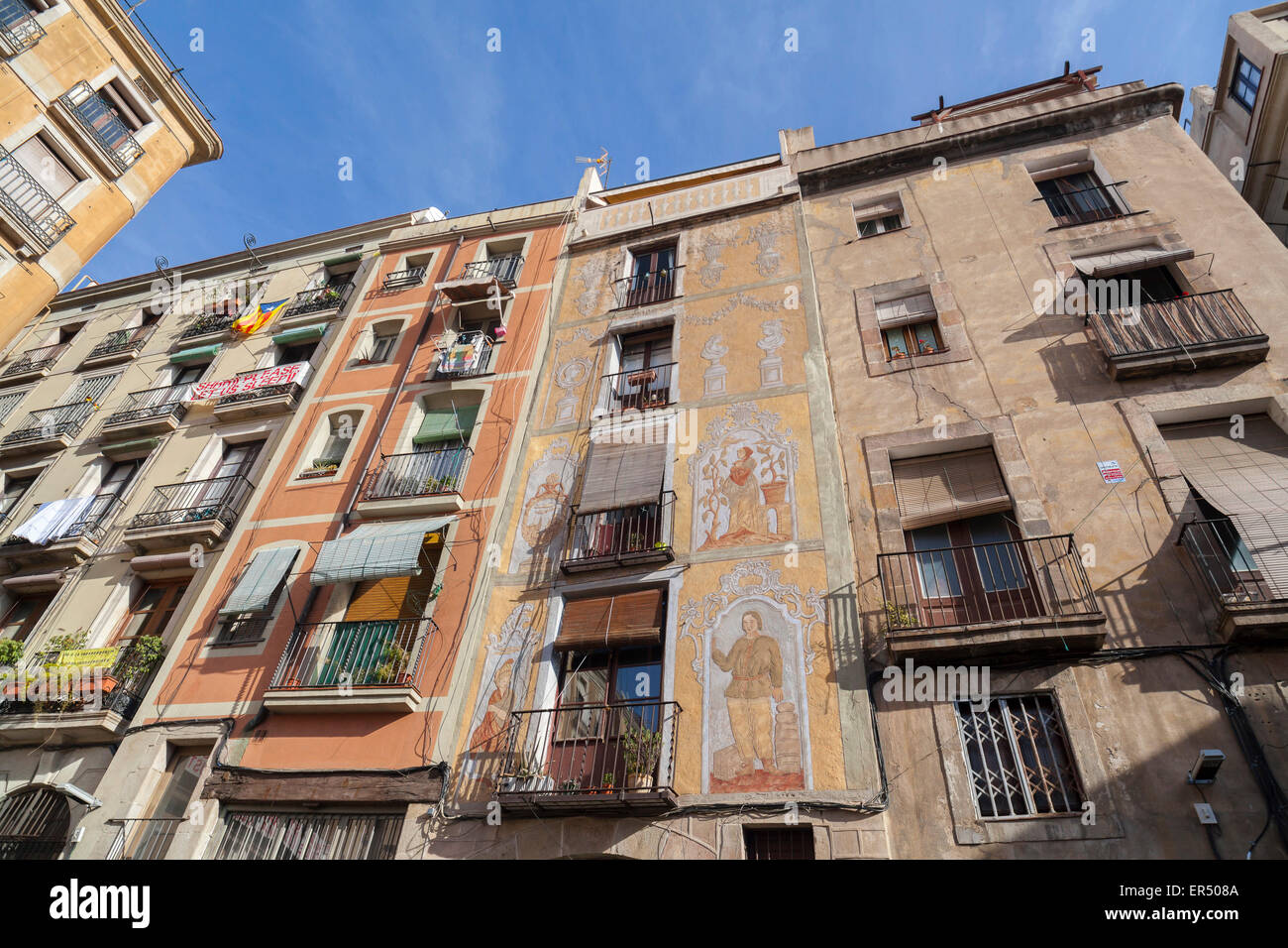 Barcelona.Facade with sgraffitos in Barri Gotic. Stock Photo