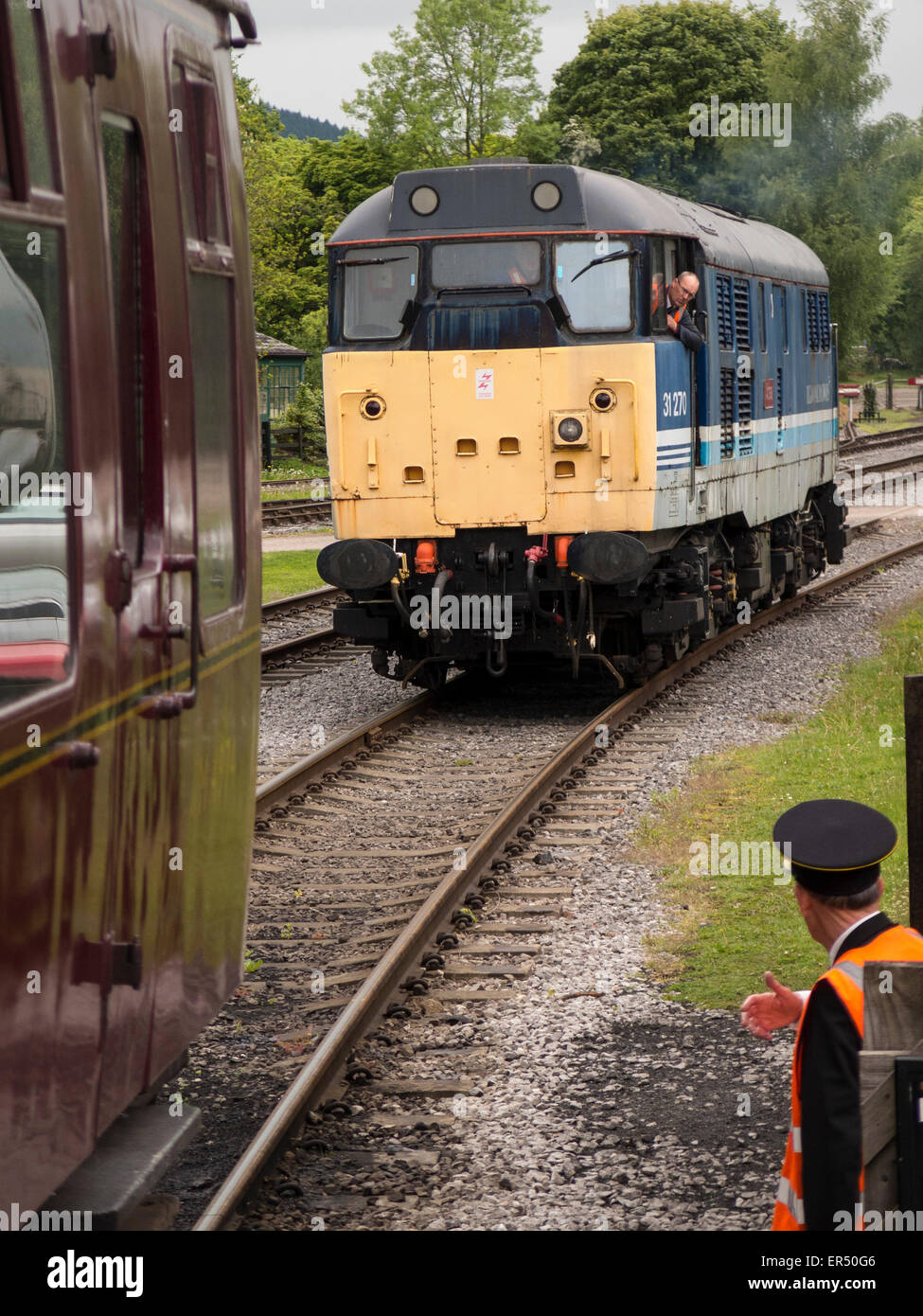Rowsley,near Matlock,Derbyshire,Britain. May 27th 2015.The vintage diesel locomotive Athena is prepared for service at Peak Rail's heritage railway station platform. Stock Photo