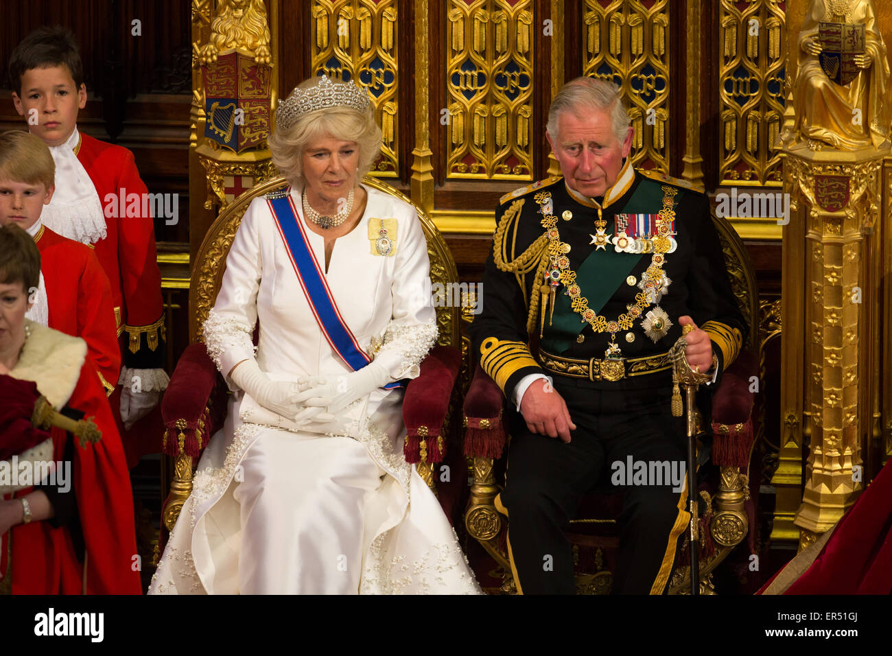 The State Opening of Parliament 2015 attended by Queen Elizabeth, Prince Philip, Prince Charles and Camilla, Duchess of Cornwall Stock Photo