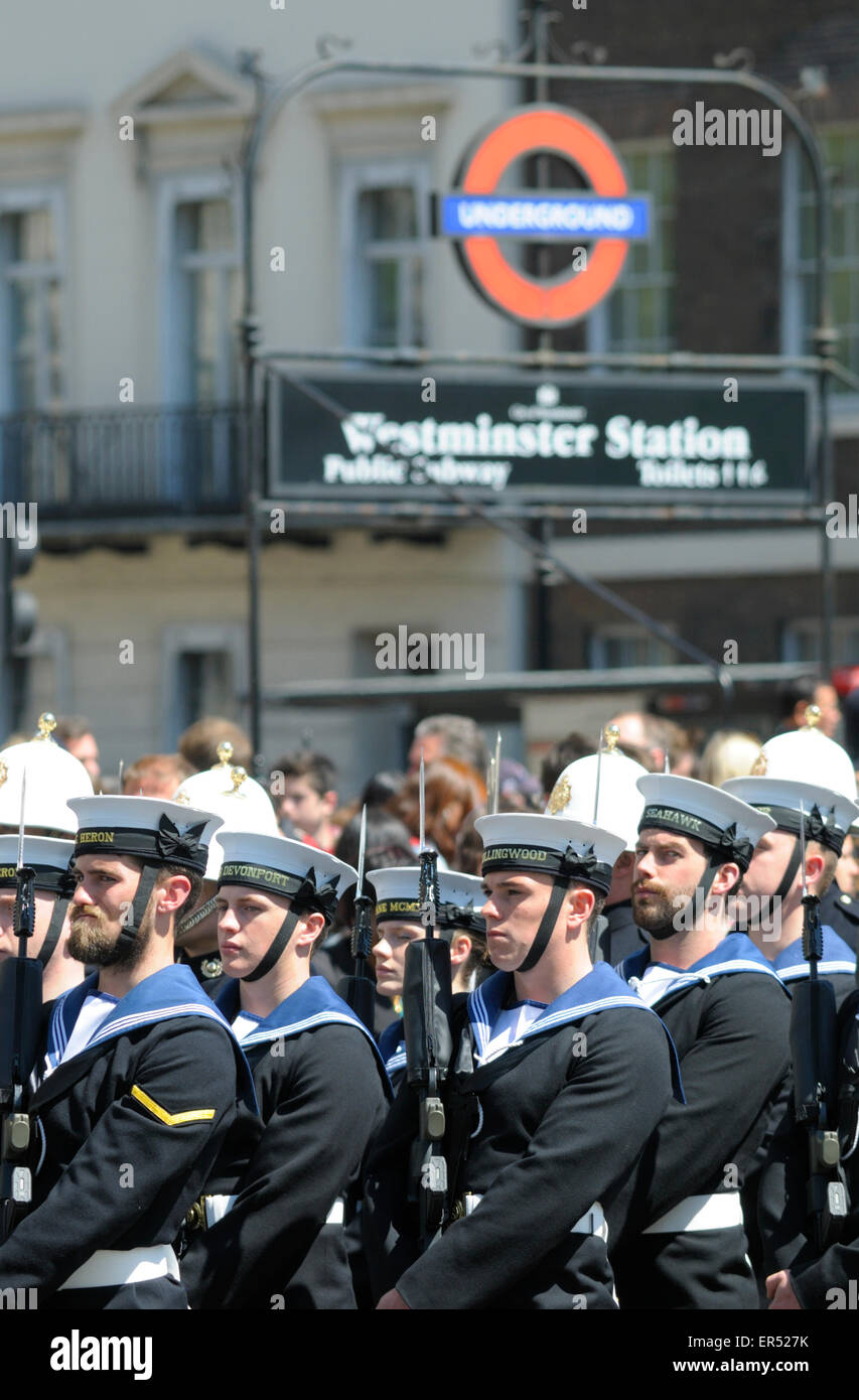 London, UK. 27th May, 2015. State Opening of Parliament. Sailors marching past Westminster underground station in Parliament Square Stock Photo