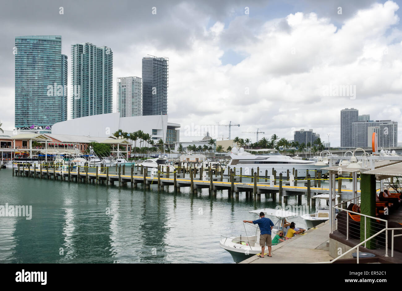 Downtown Miami, Florida. decks, water, restaurant and boats Stock Photo