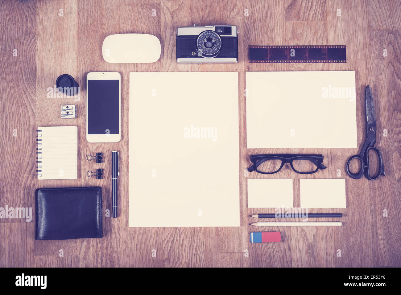 Corporate identity design template in vintage color style showing different old and new items Stock Photo