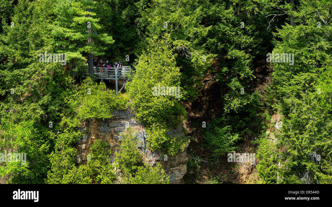 The view points located on Rim Walk Trail offer a dramatic view of the Ausable Chasm gorge. Stock Photo
