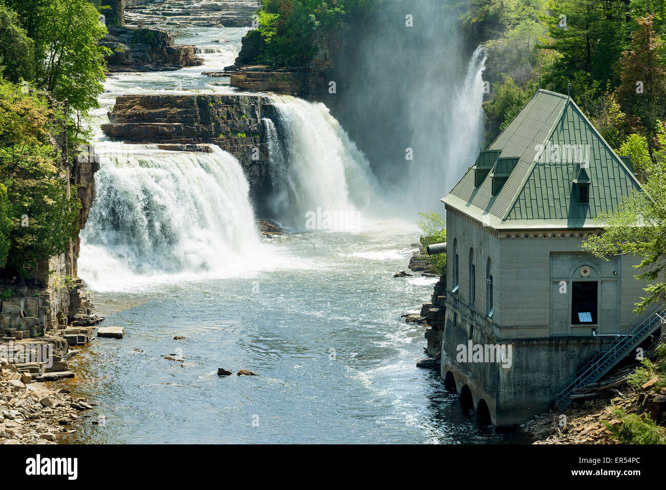 Panoramic view of the Rainbow Falls and the Hydro-electric Facility in Ausable Chasm, Keeseville, New York Stock Photo