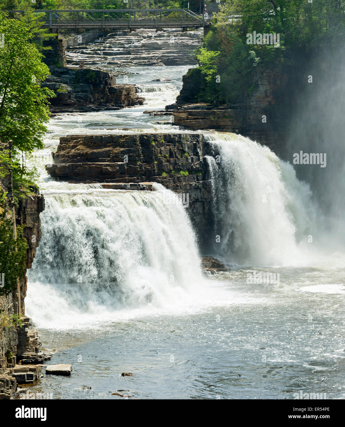 Panoramic view of the Upper Bridge and the Rainbow Falls on Ausable river in Keeseville, Upstate New York. Stock Photo