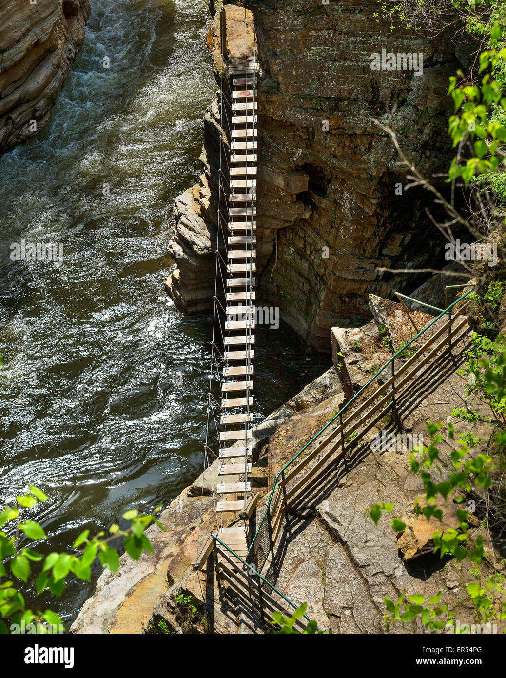Suspended bridge over the Ausable river in Keeseville, Upstate New York. Stock Photo