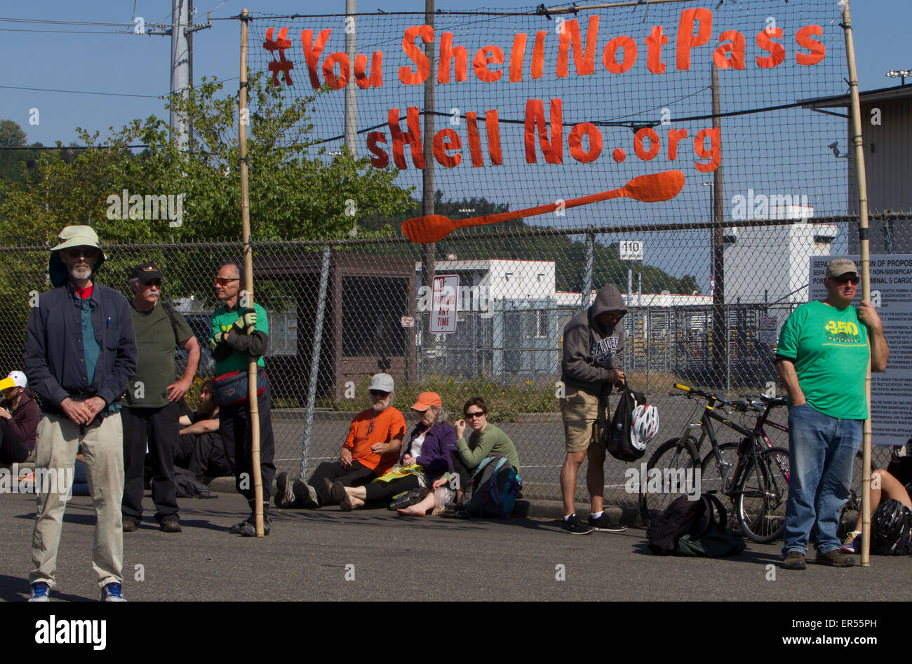 Protest Against Royal Dutch Shell's Floating Oil Drill Rig, Polar Pioneer, Seattle, Washington, USA, May 18, 2015 Stock Photo