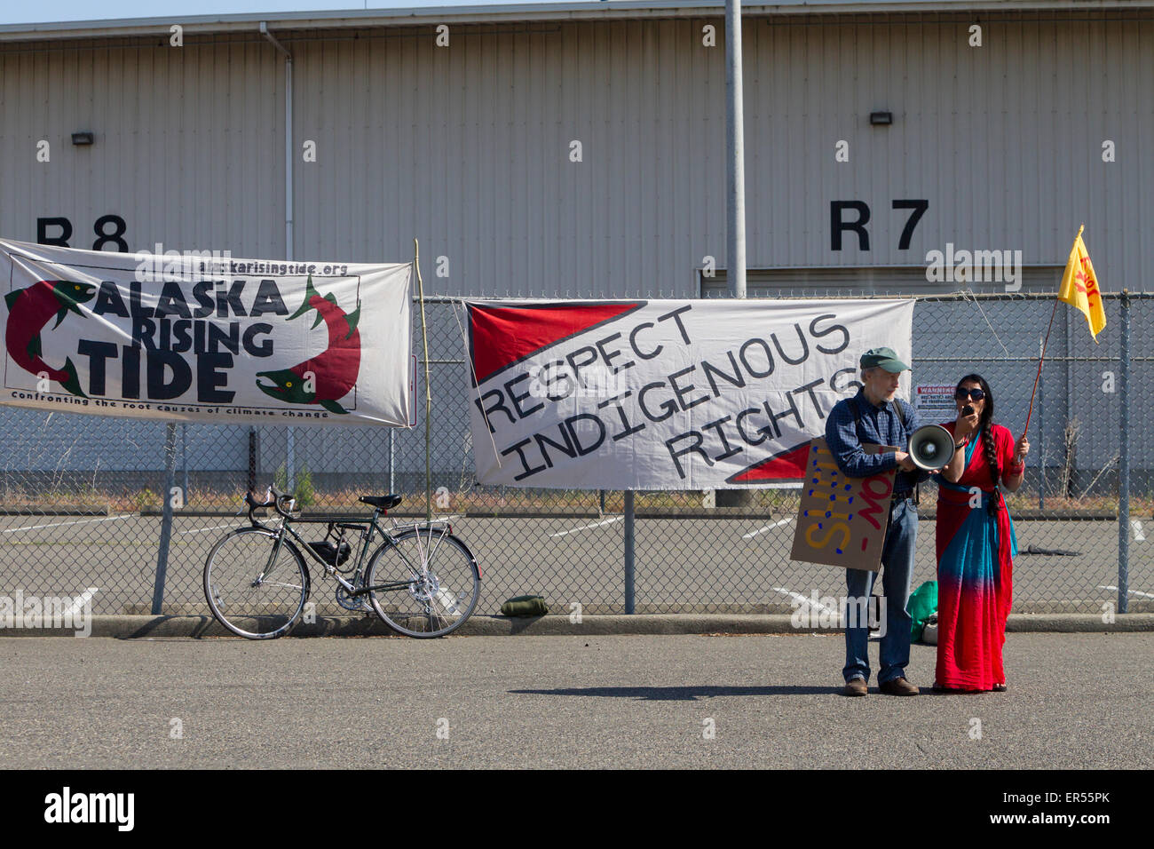 Protest Against Royal Dutch Shell's Floating Oil Drill Rig, Polar Pioneer, Seattle, Washington, USA, May 18, 2015 Stock Photo