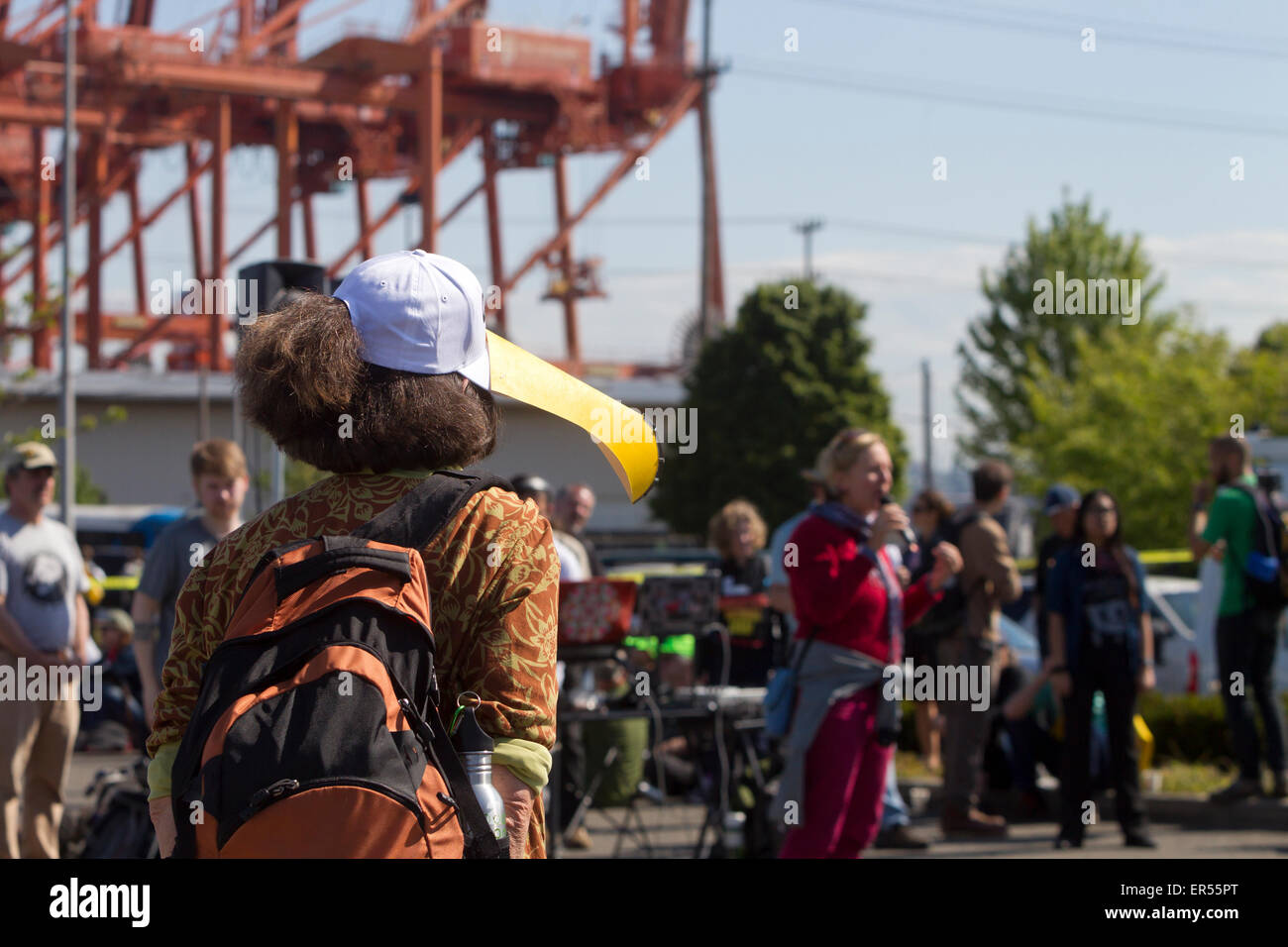 Protest Against Royal Dutch Shell's Floating Oil Drill Rig, Polar Pioneer, Seattle, Washington, USA, May 18, 2015 Stock Photo